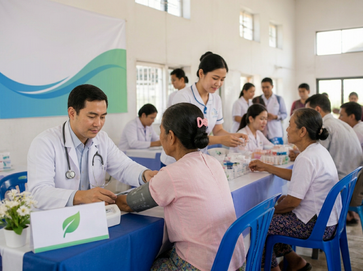 Medical volunteers serving patients at a community health camp